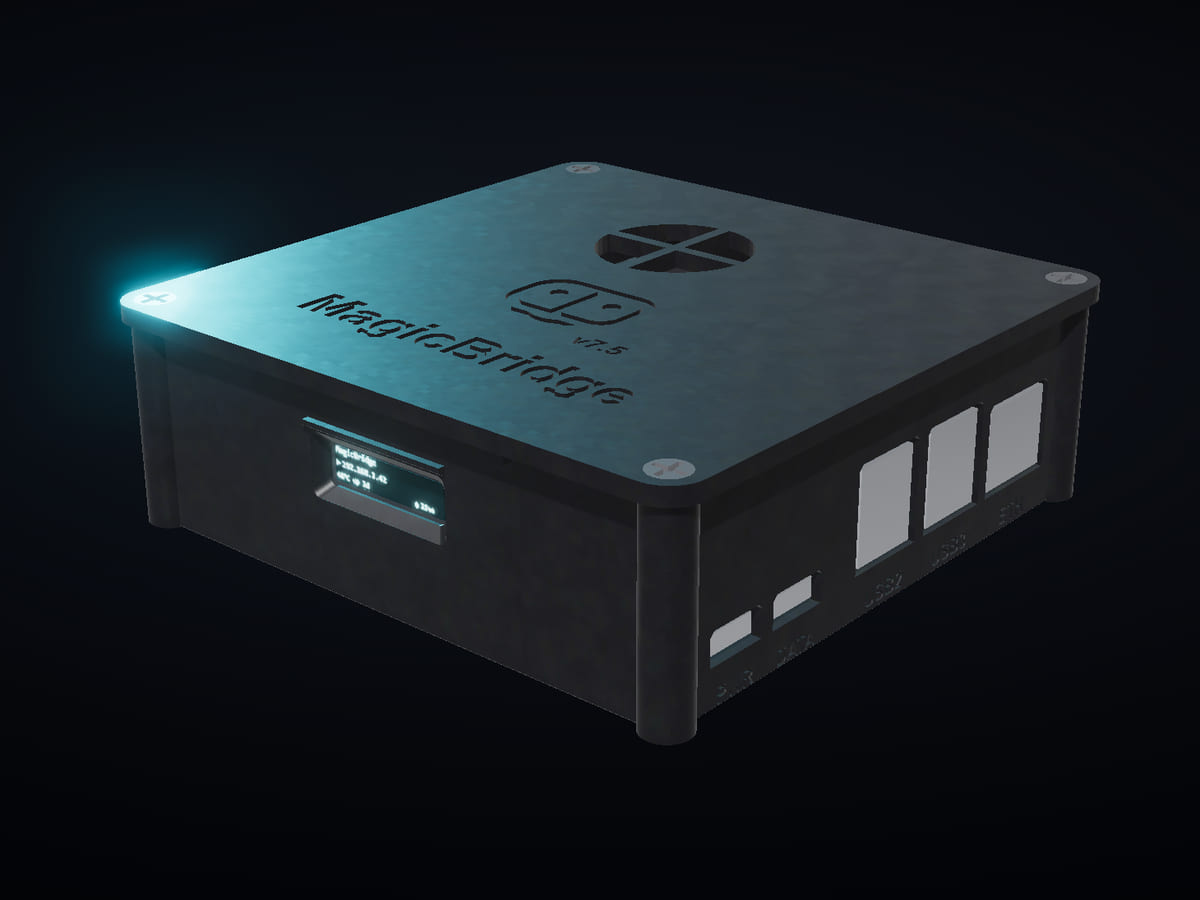 The KiteRelay device: a small sealed box with an engraved lid, a lit status window showing its address, and labelled ports along one side.