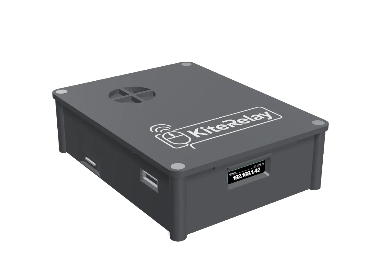 The KiteRelay device: a small sealed box with its name inlaid in the lid, its small screen lit on the front showing its address, and connector sockets along one side.
