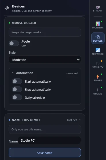 The Devices drawer: a Mouse Jiggler card with an on switch, a style setting and an automation schedule, and a Name This Device row beneath it.