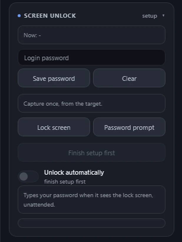 The Screen Unlock card: an empty Login password field with Save password and Clear buttons, two calibration buttons labelled Lock screen and Password prompt, a greyed-out button reading Finish setup first, and an Unlock automatically switch set to off.