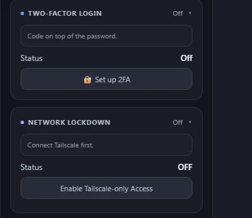 Two cards from the Security drawer: Two-Factor Login, off, with a Set up 2FA button, and Network Lockdown, off, with an Enable Tailscale-only Access button.
